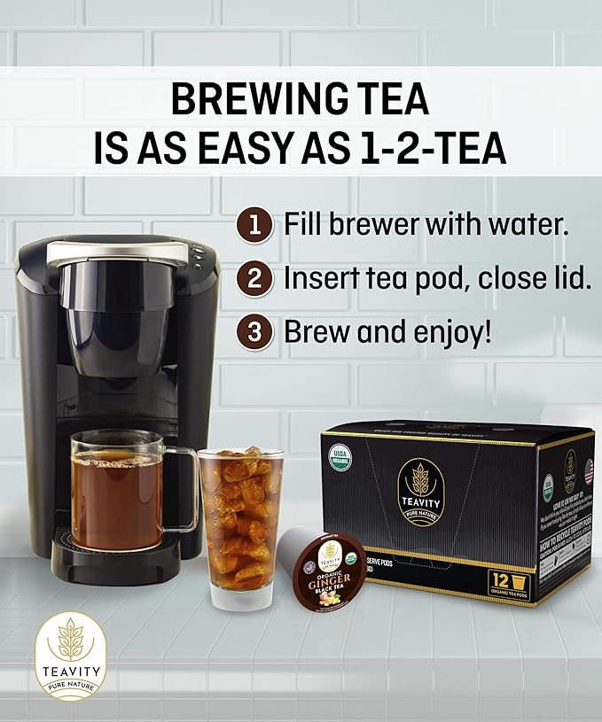Organic Ginger Tea Pods for Keurig with Unsweet Black Tea for K Cup Brewing - Ginger Black Tea by Teavity (24 Tea Pods)