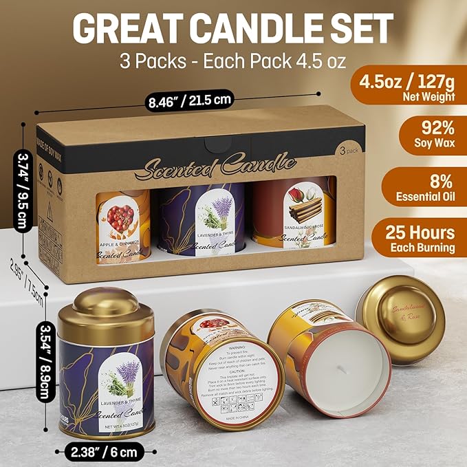 3-Pack Aromatherapy Candle Set - Scented Candles | 4.5oz × 3 | 75+ Hour Total Burn | Natural Soy Candles for Home, Gifts & Christmas