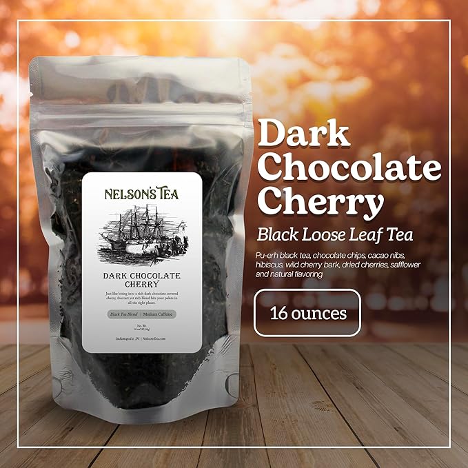 Nelson's Tea Dark Chocolate Cherry - Rich blend of Pu-erh Black Tea, Chocolate Chips, Wild Cherry Bark, Dried Cherries Herbal Loose Leaf Tea - 16oz