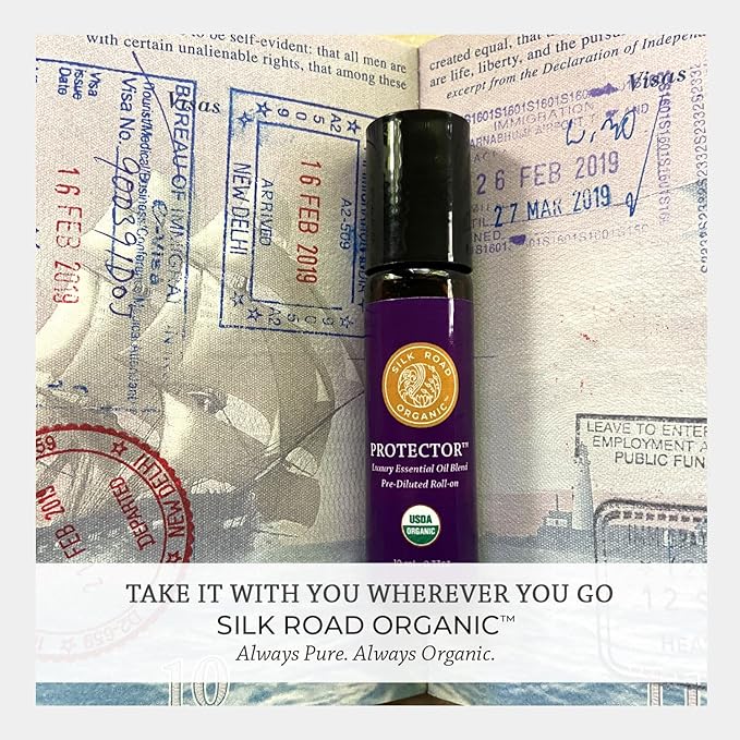 Silk Road Organic Protector Essential Oil Immunity Blend Roll On, Purifying Thieves Oil Formula, 100% Pure USDA Certified Clove Bud, Cinnamon Bark, Rosemary, Lemon, Eucalyptus - 10 ml Roller