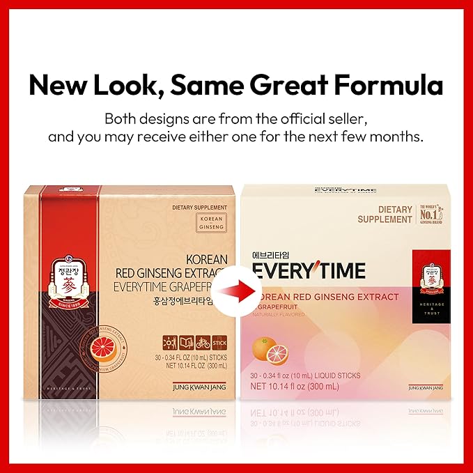 JUNG KWAN JANG Everytime Korean Red Ginseng Extract Stick 1,000mg & Grapefruit - Vegan Ginseng Root Energy Drink Liquid Stick Supplements - Builds Stamina & Immunity, No Caffeine (30 Sticks)
