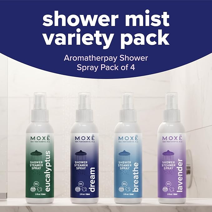MOXE Aromatherapy Shower Mist Variety Pack, Eucalyptus, Lavender, Breathe and Dream, Spa Steam Spray, Natural 100% Essential Oils, Made in USA, Aromatherapy, Sinus Congestion Relief, 4 Pack (8oz)