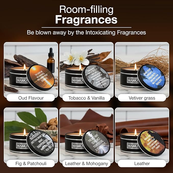 Majestic Zen Premium Scented Candles Gift Set for Men | 6-Pack Soy Wax Candles with Relaxing Masculine Scents | Inspirational Candle Gift for Him | Stress Relief Aromatherapy Candle Set