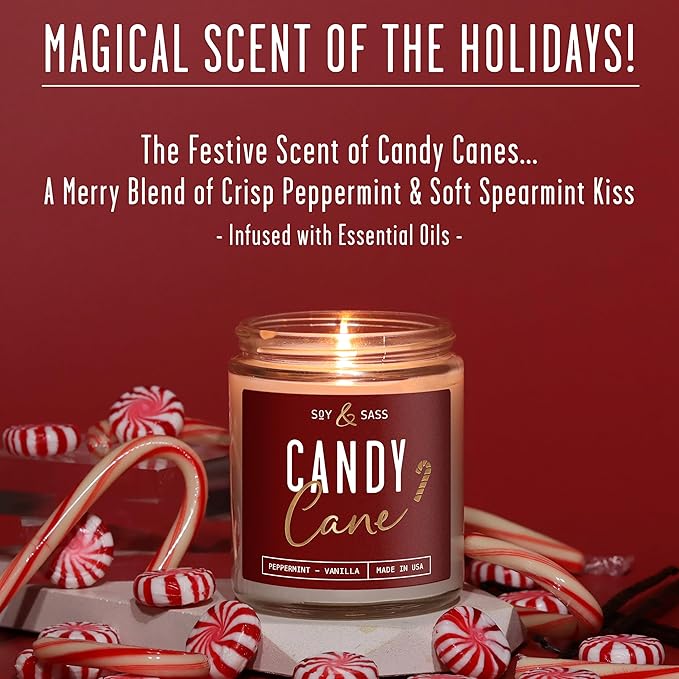Peppermint Candle - 'Candy Cane' Christmas Candle w/Menthol, Peppermint & Vanilla - Infused with Essential Oils I Christmas Candles Scented I 9oz, 50Hr, Made in USA