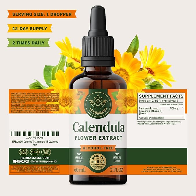 HERBAMAMA Calendula Tincture - Vegan Antioxidant & Detox Support with Calendula Extract Drops - Non-GMO, Alcohol & Sugar-Free Liquid Supplement, 42-Day Supply