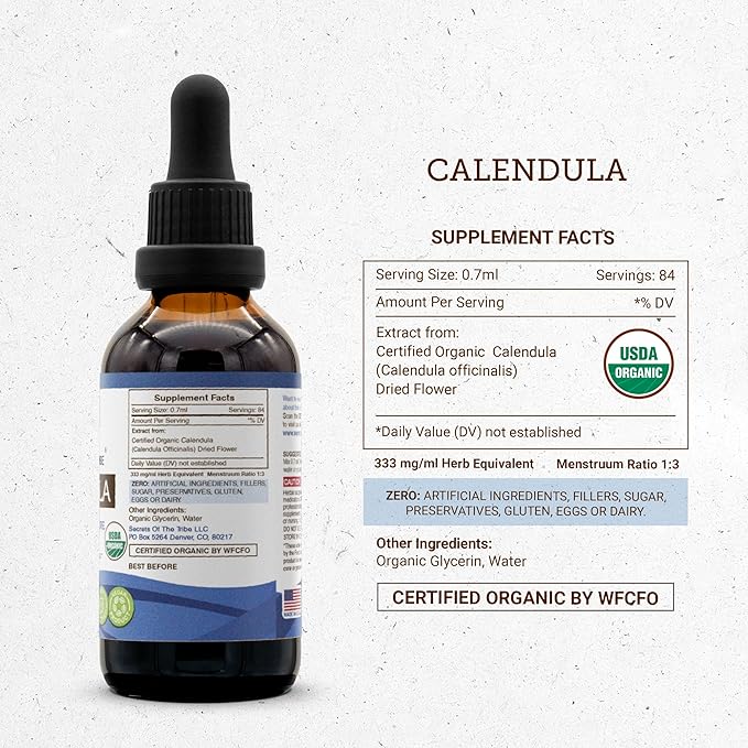 Secrets of the Tribe Calendula USDA Organic | Alcohol-Free Extract, High-Potency Herbal Drops | Made from 100% Certified Organic Calendula (Calendula Officinalis) Dried Flower (2 oz)