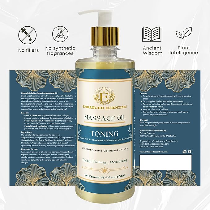 Luxurious Toning Body Massage Oil with Ayurvedic Extracts, Vitamin A & Vegan Collagen | Firms, Nourishes & Uplifts Skin | Fast-Absorbing, Non-Greasy | No Artificial Fragrance| 500ml (16.9 fl oz)