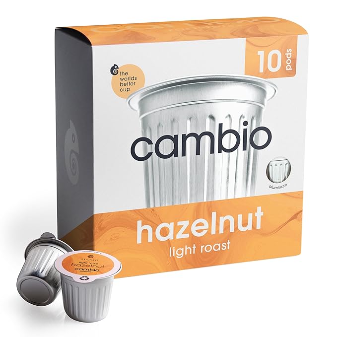 Cambio Roasters Organic Hazelnut Coffee Keurig KCups, Only Aluminum K Cup for Better & Longer Lasting Flavor, Nutty and Slightly Sweet Light Roast Kcup Keurig Coffee Pods, Lower Acid Kcups, 10 count
