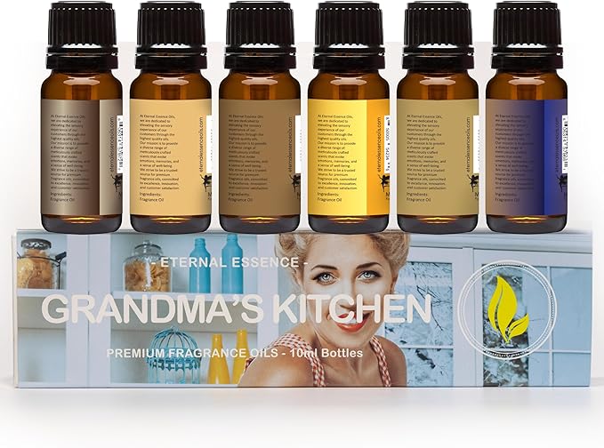 Eternal Essence Oils Grandma's Kitchen Set of 6 Premium Fragrance Oils - Caramel Nut Muffin, Oatmeal Cookie Dough, Snickerdoodle, Orange Chiffon Cake, Lemon Sugar, and Blueberry Pancakes - 10ML