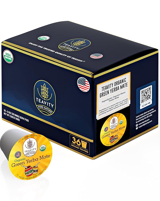 Organic Yerba Mate Tea Pods for Keurig - Green, Unsmoked Yerba Mate by Teavity (36 Tea Pods)