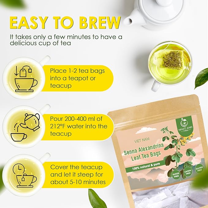 NHAT ANH FARM - Premium Senna Leaf Tea Bags, 40 Senna Leaf Tea Bags, 100% Natural Dried Senna Leaf, Naturally Sweet Herbal Tea, Sugar-Free, Caffeine-Free, No Additives.