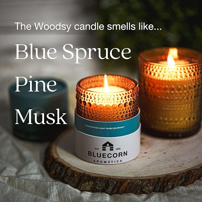 Bluecorn Aromática Scented Candle, The Woodsy Fragrance with Cedar, Balsam & Resinous Woods, Vegan Coconut Wax Candle, Long Lasting Candle for Home Decor, Gifts for Women & Men, American Made, 11 Oz