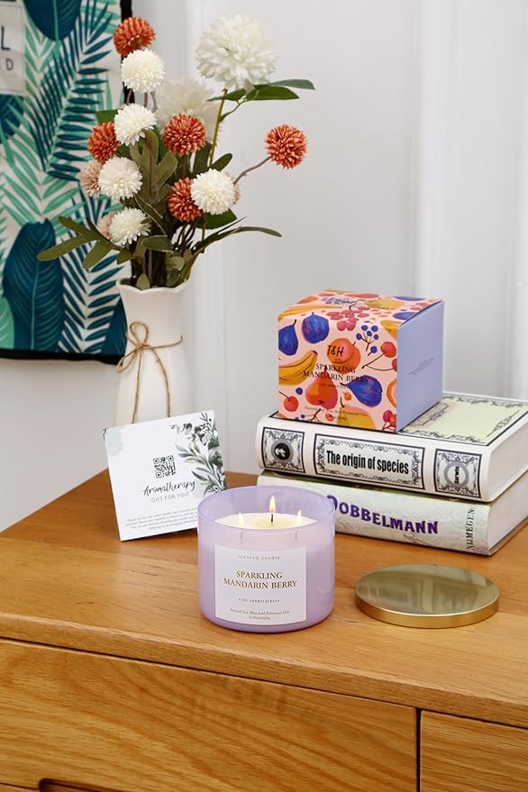 Sparkling Mandarin Berry 3-Wick Scented Soy Candle 15.8 oz | Large Citrus & Fruit Candle for Home Relaxation | Aromatherapy Stress Relief Candles | Long-Lasting Clean Burn