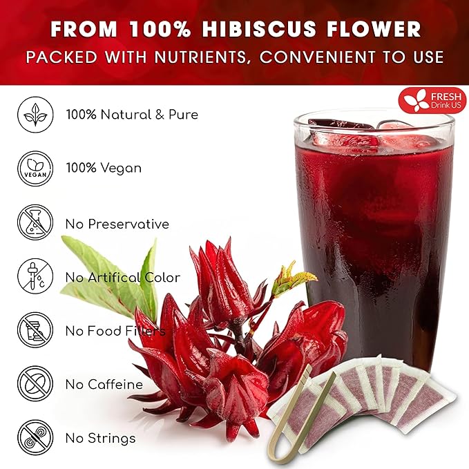 FreshDrinkUS, Premium 235 Hibiscus Flowers Tea Bags, 100% Natural, Pure from Hibiscus Flowers. Loose Flower Herbal Tea. No Sugar, No Caffeine, No Gluten, Vegan.