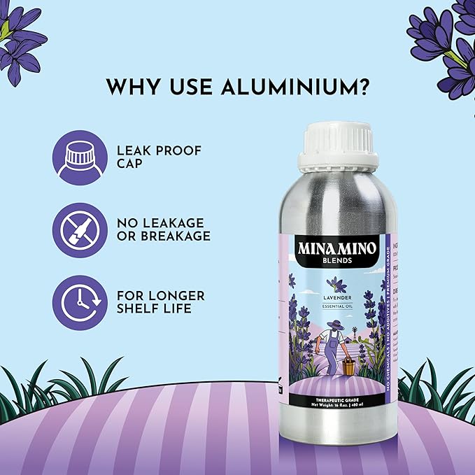 16 fl oz - Lavender Essential Oil (100% Pure & Natural) Large Aluminum Bottle for Aromatherapy, Diffuser, Candle & Soap Making - Minamino Blends