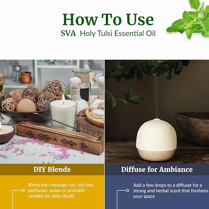 SVA Holy Tulsi Essential Oil – 1/3 Fl Oz – 100% Natural Tulsi Oil - for Diffuser, Hair Care, Face, Skin Care, Aromatherapy, Scalp and Body Massage, Soap and Candle Making