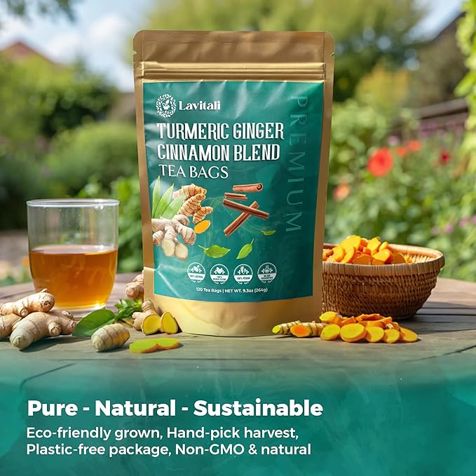 Lavitali, Ginger Turmeric Cinnamon Tea | 120 bags, 100% Pure Herbal Tea | Caffeine-Free, No Sugar, Eco-Friendly Filter Bag | Daily Natural Botanical, Hot or Iced Herbal Infusion
