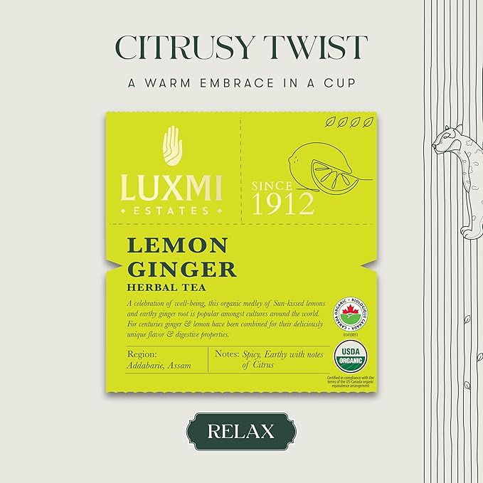 Luxmi Estates Lemon Ginger Root - 50gm Tin Loose Leaf | Certified Organic Herbal Tea | Citrus Flavor & Aroma | Lemon Peel, Ginger, Lemongrass, Licorice
