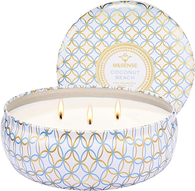 M&SENSE Coconut Beach Scented Candles, Large 3 Wick Soy Tin Candle, Over 40 Hour Burning Time, 100% Natural Vegan Wax, Relaxing Aromatherapy Aesthetic Candle Gift for Women Men