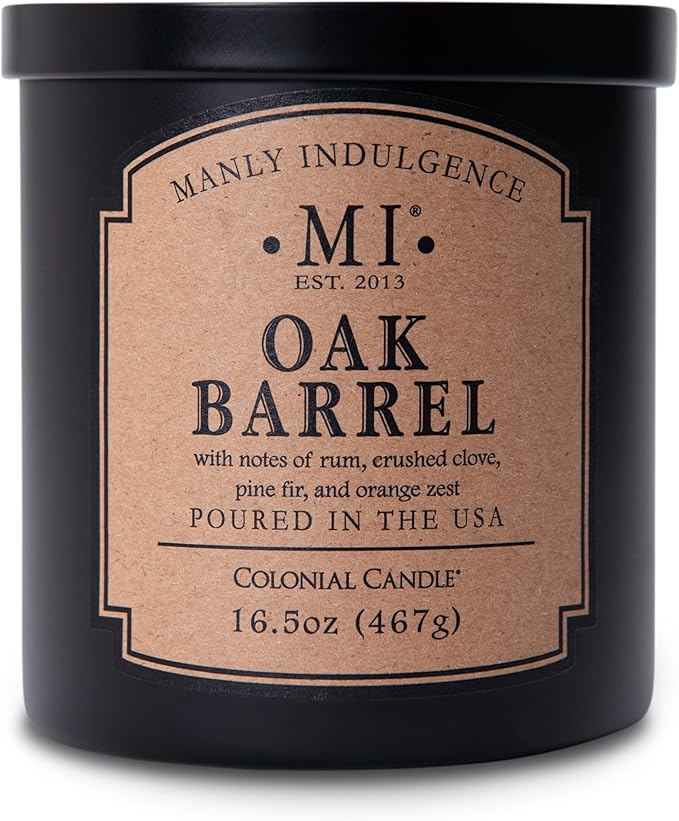 Manly Indulgence Oak Barrel Scented Candles for Men, 16.5 oz Single Wick, Premium Soy Blend Wax, 60H Burn, Candles for Home Scented – Made in The USA