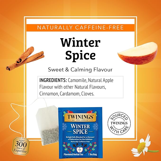 Twinings Winter Spice Herbal Tea Individually Wrapped, 20 Count (Pack of 1), Camomile, Apple, Cinnamon, & Clove, Naturally Caffeine-Free, Enjoy Hot or Iced, 20 Teabags