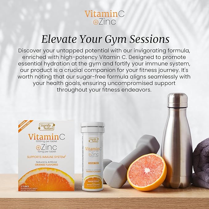 SIGNIFY NATURE Vitamin C 1000mg Effervescent Tablets - Potent Immune Support VIT C with Zinc Supplement - Sugar-Free & Vegan Formula | Dissolvable Vitamin C Tablets - Water Soluble Fizzy Elixir - 20CT