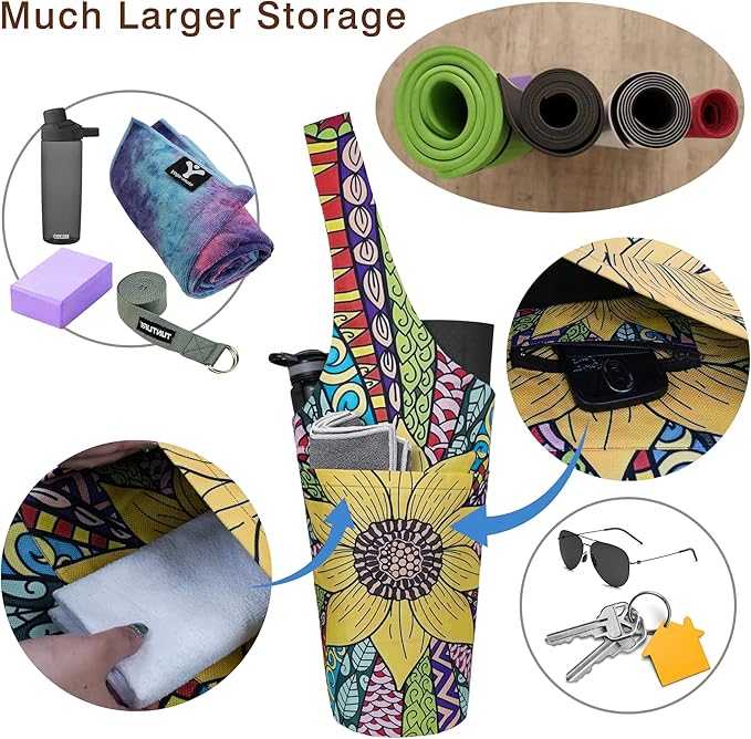 Fashion Printed Yoga Mat Bag with Large Side Pocket & Zipper Pocket Long Tote Yoga Bag Fit Most Size Mats - Holds More Yoga Accessories