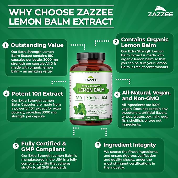 Zazzee Organic Lemon Balm 10:1 Extract, 3000 mg Strength per Capsule, 180 Vegan Capsules, 6 Month Supply, Standardized and Concentrated 10X Extract, 100% Vegetarian, All-Natural and Non-GMO