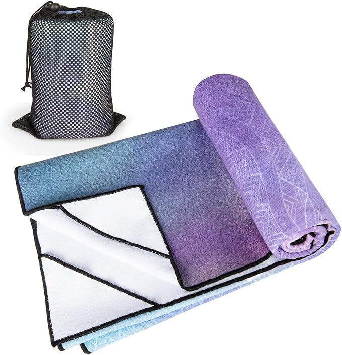 Colorful Star Large Yoga Towel with Corner Pockets, Non Slip Grip Dots Absorbent Hot Yoga Mat Towels, Yoga Blankets with Travel Bag, Mat Cover for Workout, Gym, Fitness - 74"x26", Purple Blue Lotus