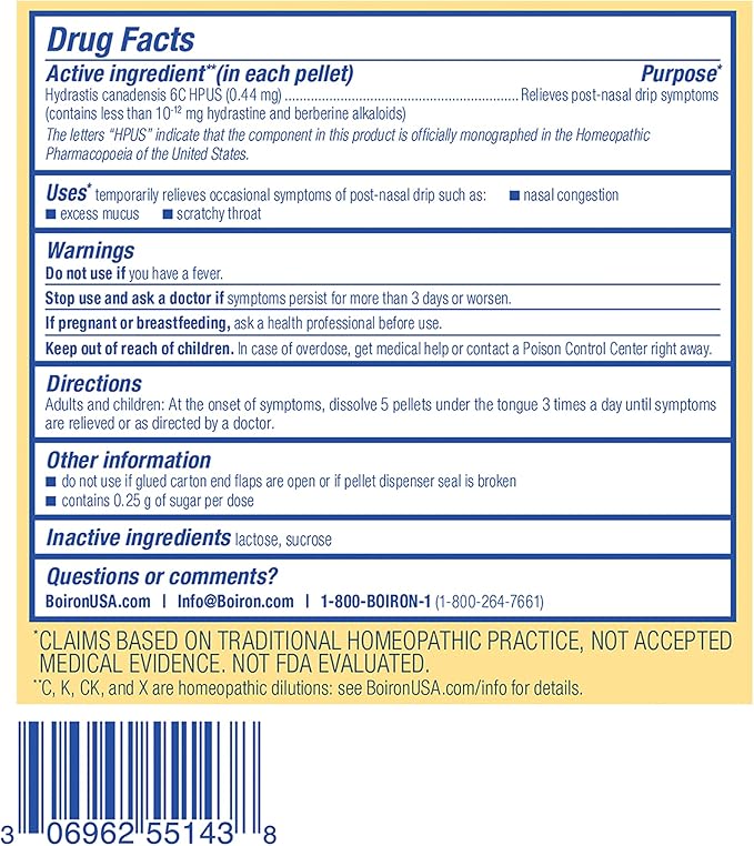 Boiron Hydrastis Canadensis 6C Homeopathic Medicine for Post-Nasal Drip Relief, Excess Mucus, Scratchy Throat - (240 Pellets), 3 Count (Pack of 2)