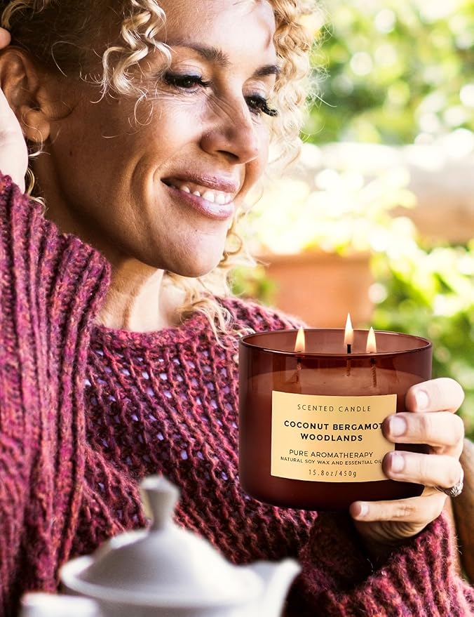 Coconut Bergamot Woodlands 3 Wick Soy Scented Candle 15.8 oz | Creamy Coconut & Balsam Woods Candle for Home | Aromatherapy Stress Relief Candle for Men & Women | Long Lasting 3 Wick Soy Candles