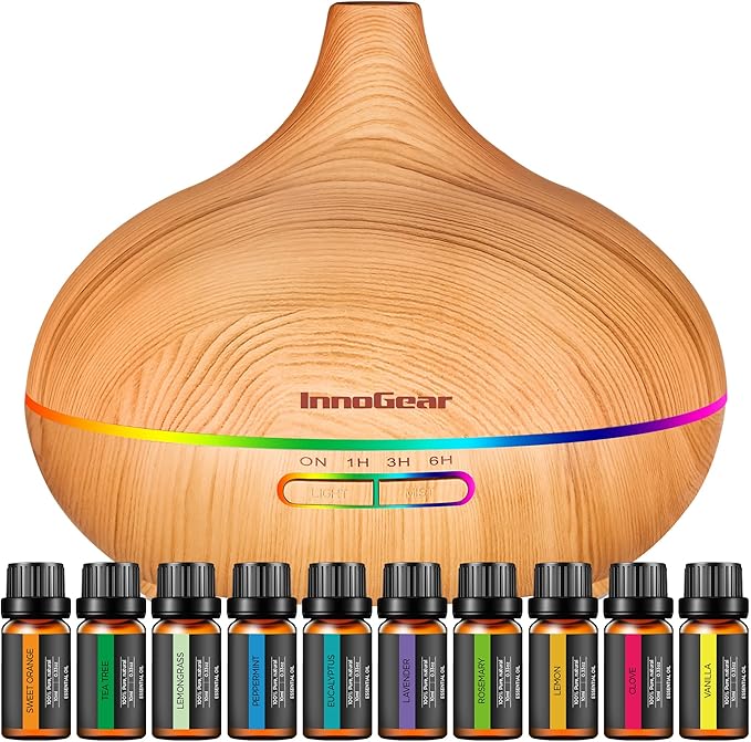 InnoGear Aromatherapy Diffuser & 10 Essential Oils Set, 400ml Diffuser Ultrasonic Diffuser Cool Mist Humidifier with 4 Timers 7 Colors Light Waterless Auto Off for Large Room Office, Yellow Wood Grain