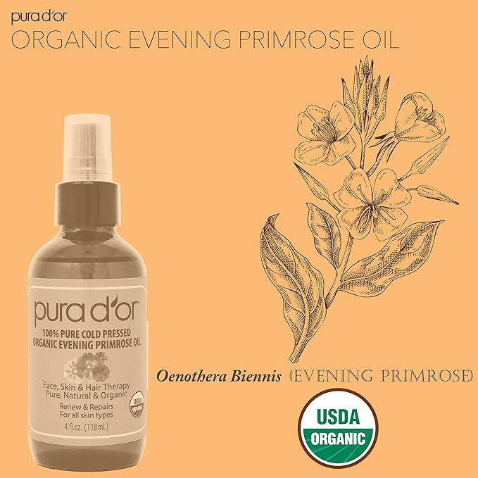 PURA D'OR Organic Evening Primrose Oil (4oz) 100% Pure Cold Pressed w/Natural Essential Fatty Acids & Antioxidant Rich - Moisturizes, Rejuvenates, Renews & Restores - Skin, Hair & Face