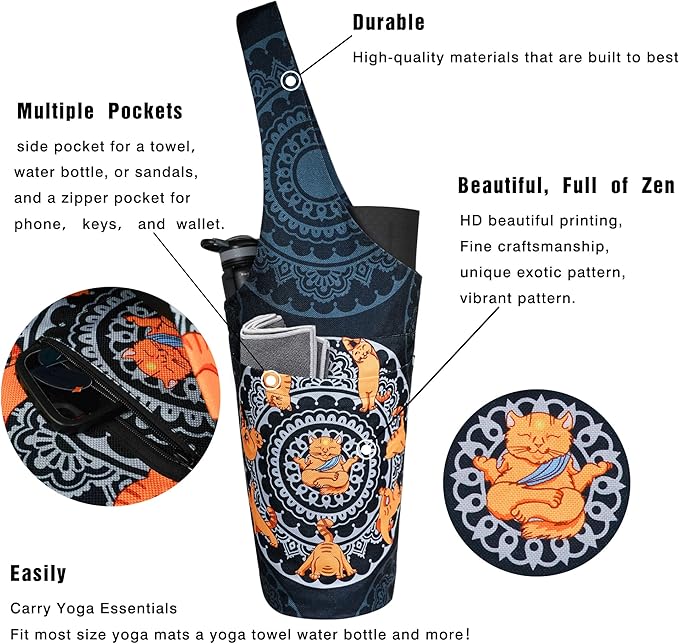 Fashion Printed Yoga Mat Bag with Large Side Pocket & Zipper Pocket Long Tote Yoga Bag Fit Most Size Mats - Holds More Yoga Accessories