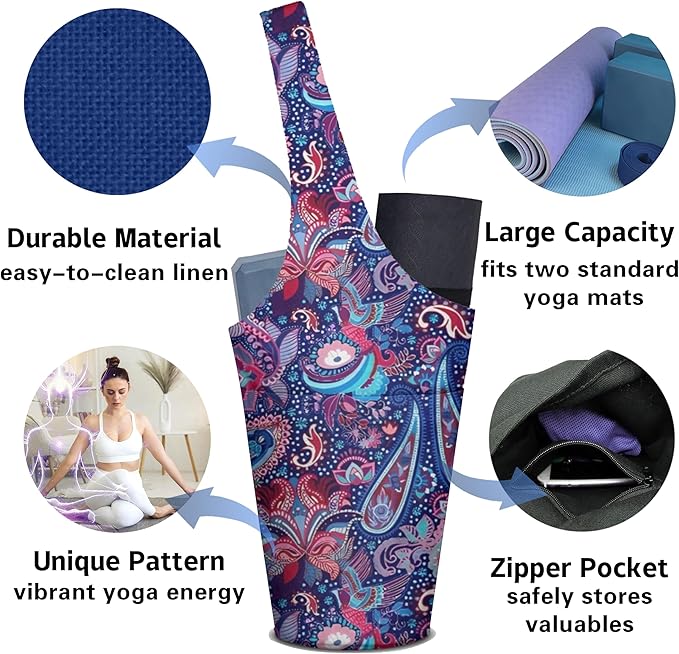 saniwu Yoga Mat Bag Carrier for Women with Side Large Pocket Durable Linen Workout Gym Travel Storage Pilates Mats