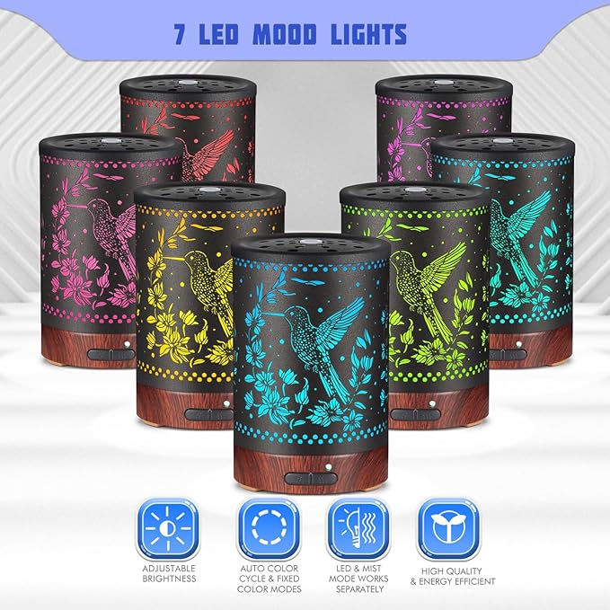 Metal Essential Oils Diffuser 150ML Aromatherapy Diffuser Cool Mist Humidifier with 7 Colors Lights Waterless Auto Off Air Diffusers as Gifts for Moms Women Girls (E-Hummingbird)