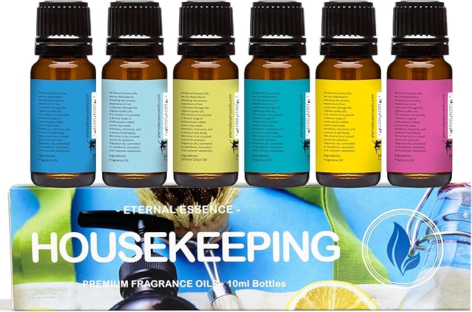 Eternal Essence Oils Housekeeping Set of 6 Premium Fragrance Oils - Includes Clean Cotton, Lemon Blossom, Lemon Grass, Sweet Pea, Ocean Breeze and Mountain Rain Scented Oils - 10ML