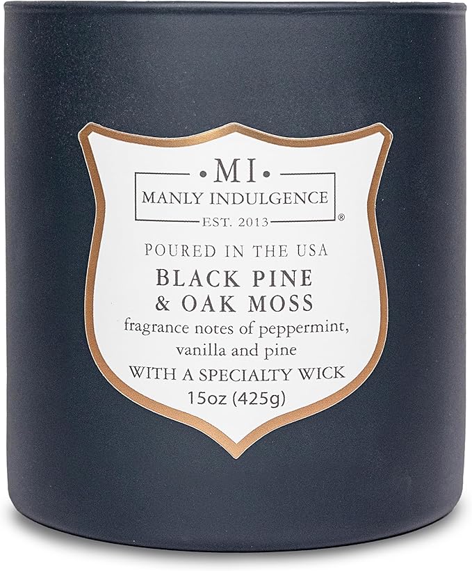 Manly Indulgence Black Pine Oakmoss Scented Candles for Men, 15 oz Wooden Wick, Premium Soy Blend Wax, 60H Burn, Candles for Home Scented - Made in The USA