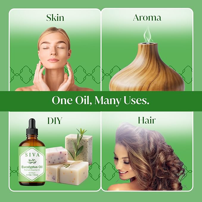 Siva Eucalyptus Essential Oil - 4 Fl Oz – 100% Natural Eucalyptus Oil - for Diffuser, Face, Skin Care, Aromatherapy, Hair Care, Scalp and Body Massage - with Dropper