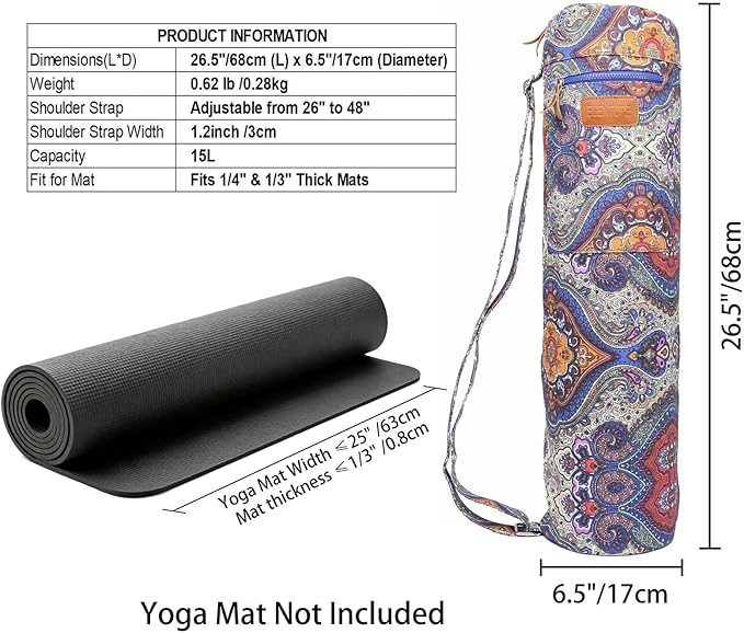ELENTURE Canvas Yoga Mat Bag with Adjustable Strap & Pockets, Full-Zip Travel Gym Tote for Women & Men, Fits 1/4" & 1/3" Thick Mats, Lightweight Carrier for Yoga, Workout, Outdoor Use