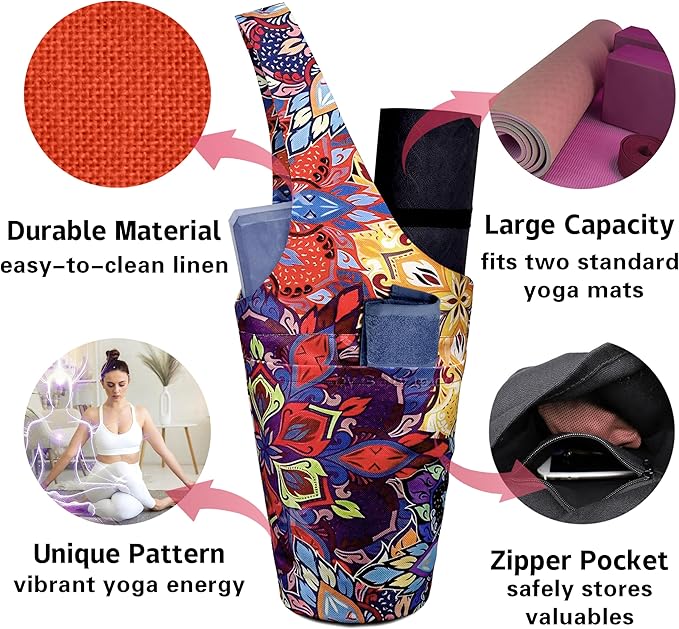 saniwu Yoga Mat Bag Carrier for Women with Side Large Pocket Durable Linen Workout Gym Travel Storage Pilates Mats
