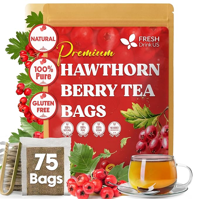 FreshDrinkUS, Premium Hawthorn Berry Tea - 75 Tea Bags - 100% Natural Herbal Infusion, Caffeine-Free, Rich Aroma & Smooth Taste. Vegan