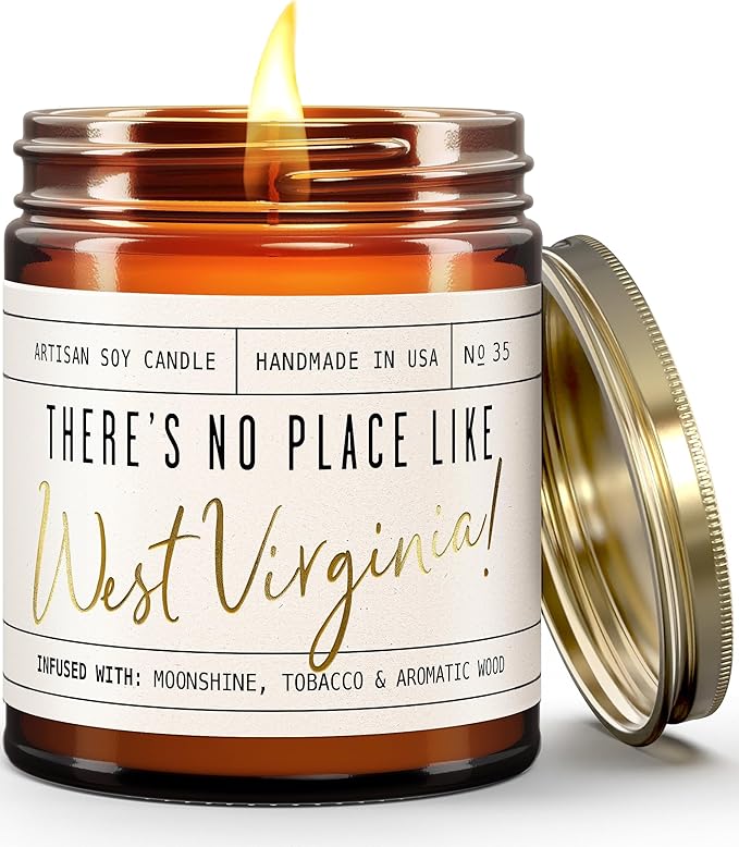 West Virginia Gifts, West Virginia Decor for Home - 'There's No Place Like West Virginia Candle, w/Tobacco, Vanilla & Bourbon I West Virginia Souvenirs State Gifts I 9oz Jar, 50Hr Burn, USA Made