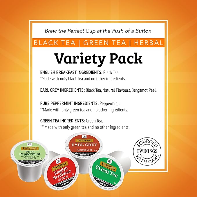 Twinings 96 K-Cup Pods Variety Pack 24 Count (Pack of 4), English Breakfast, Earl Grey, Green, and Pure Peppermint Tea for Keurig and Single Cup Brewers, Enjoy Hot or Iced