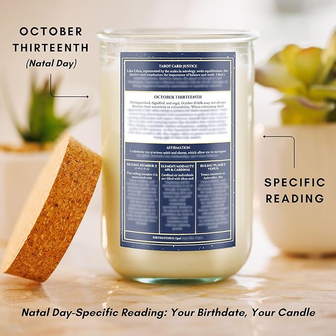 Birthday Candles - Custom Birthdate Astrological Zodiac Scented Candles. Astrology Gifts. All Natural Soy Wax. 75+ Hour Burn Time. Made in USA - October 13