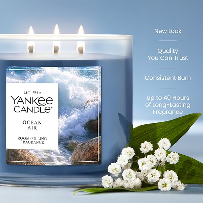 Yankee Candle Ocean Air, Scented Candle, 14.5oz 3-Wick Candle Jar with up to 40 Hours Burn Time, Giftable