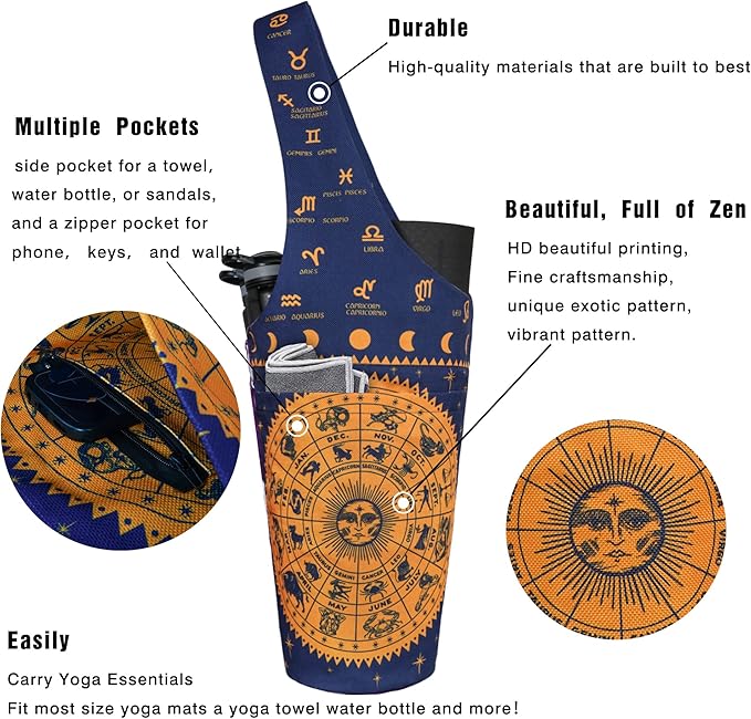 Fashion Printed Yoga Mat Bag with Large Side Pocket & Zipper Pocket Long Tote Yoga Bag Fit Most Size Mats - Holds More Yoga Accessories