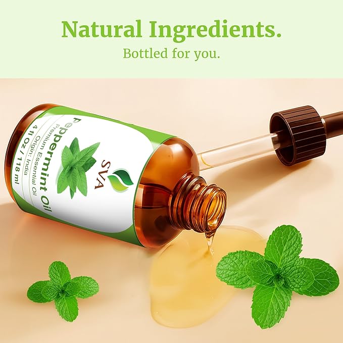 SVA Peppermint Essential Oil – 4 Fl Oz – 100% Natural Peppermint Oil - for Diffuser, Hair Care, Face, Skin Care, Aromatherapy, Scalp and Body Massage, Soap and Candle Making - with Dropper