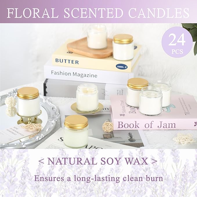 24 Pcs 4 Oz Mason Jar Candles, Lavender Scented Soy Candles Bulk Set for Stress Relief and Relaxation, Great Favors for Wedding, Christmas, Housewarming Gifts (Gold-Lavender, 24)
