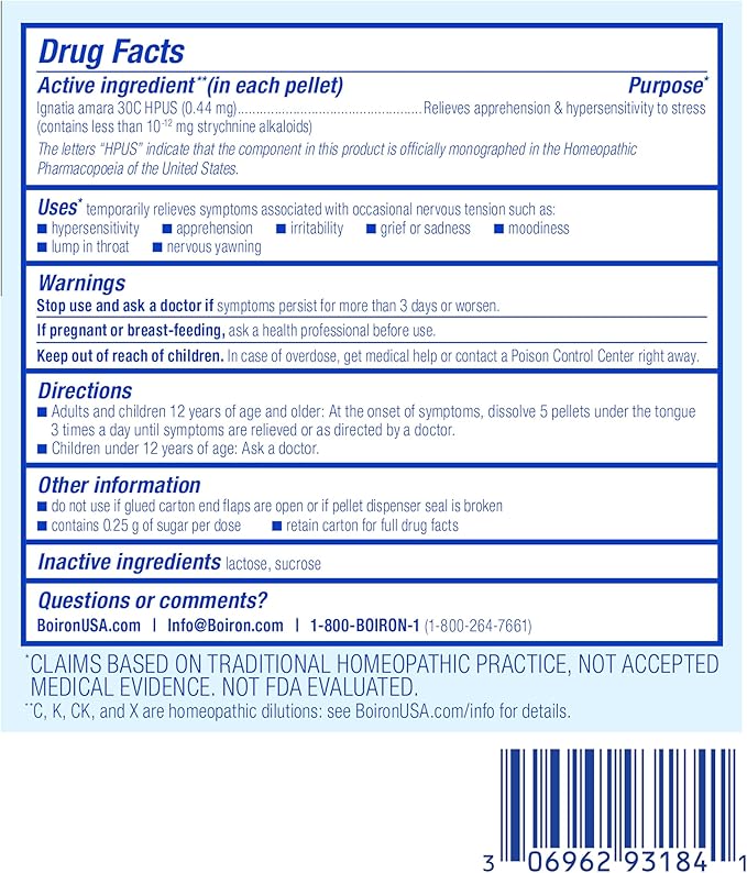 Boiron Ignatia Amara 30C Homeopathic Medicine for Relief from Emotional Stress, Hypersensitivity, Irritability, and Moodiness - (240 Pellets), (Pack of 6)